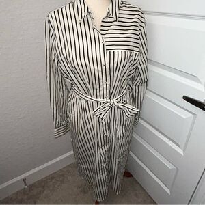 New, Chico’s Stripe Print Button Down Long Sleeve Midi Shirt Dress Chicos